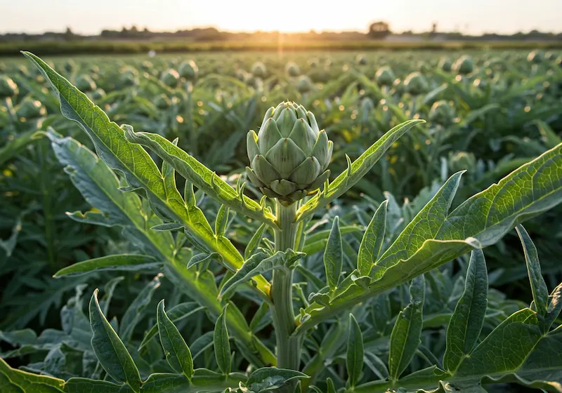 Artichoke bud in a sunny field