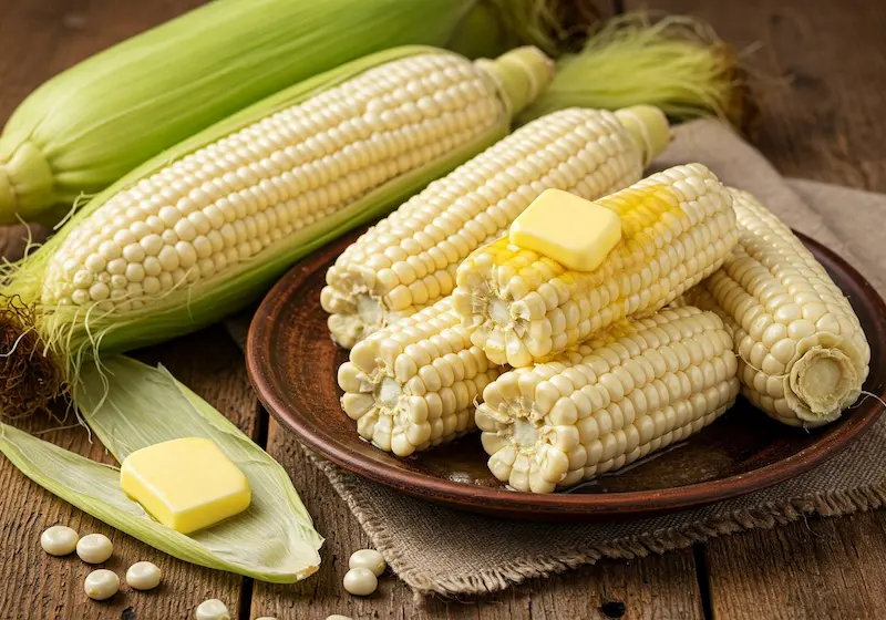 Freshly boiled white corn on the cob 