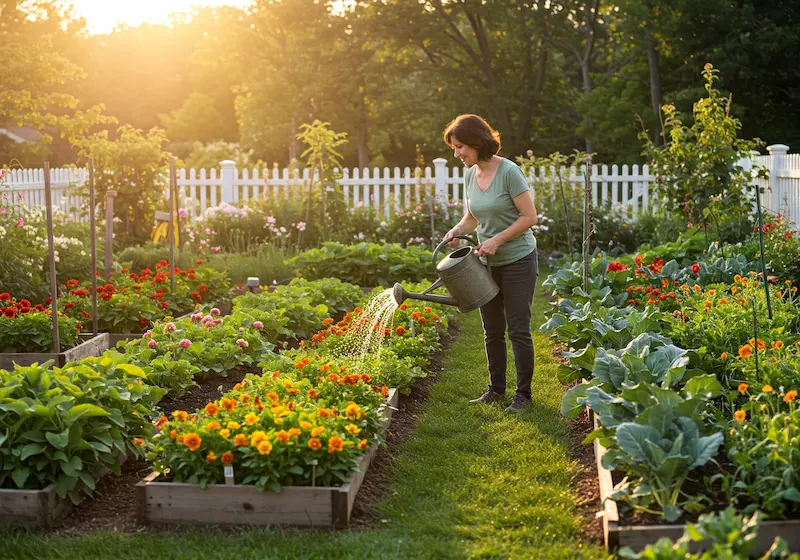 Garden with flower vegetables growing