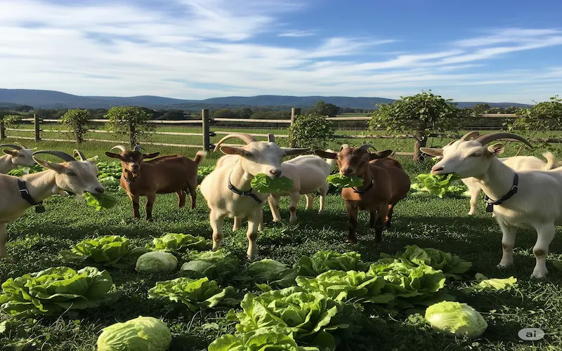 Goats eating lettuce