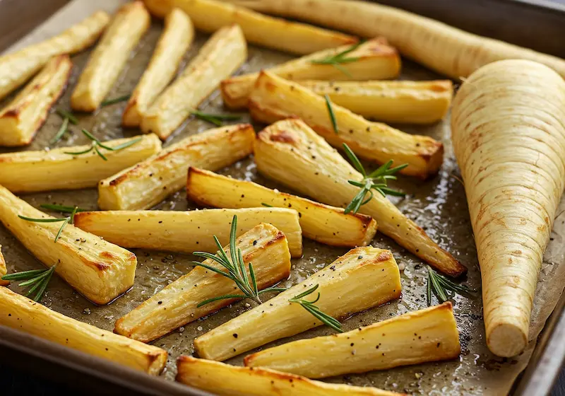 Golden roasted parsnip fries on a baking tray
