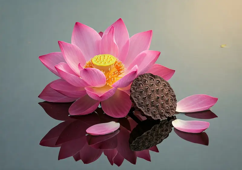 Pink lotus flower floating on water