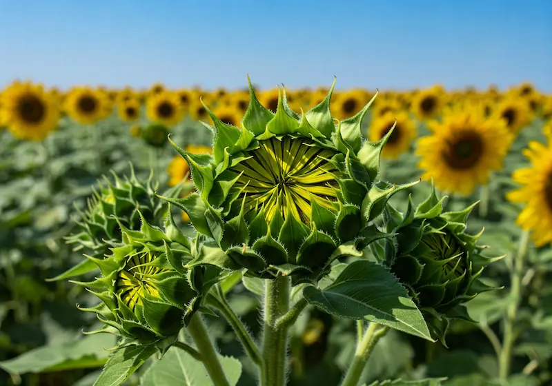 Unopened sunflower buds in a field