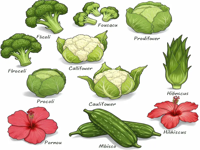 Various flower vegetables with labels