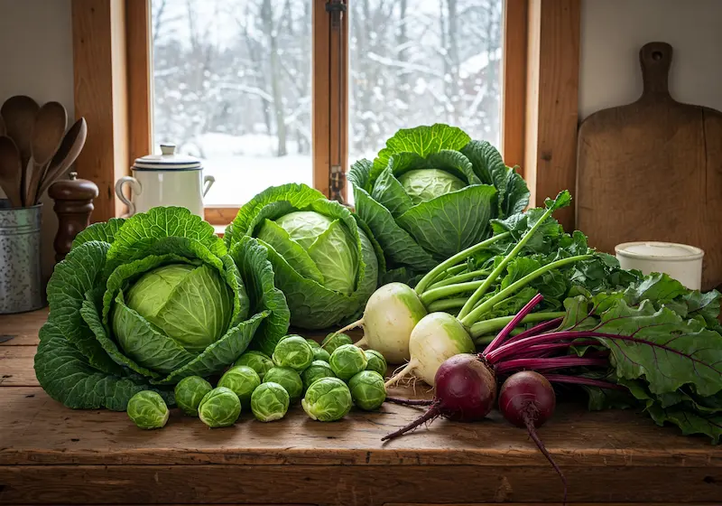 Winter vegetables such as cabbage and Brussels sprouts in a farmhouse kitchen